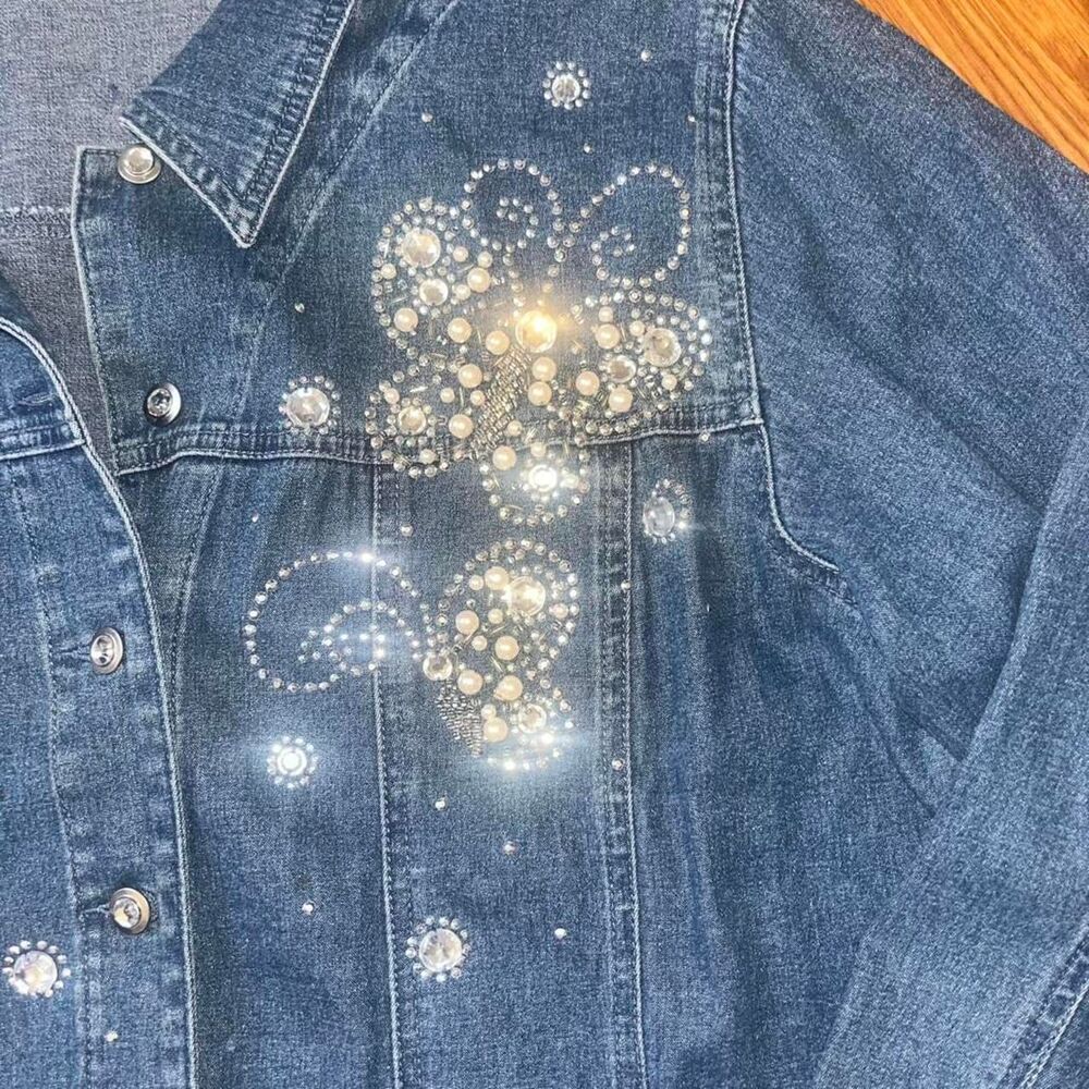 Vintage Quacker Factory Women's Blue Denim Button Up Shacket with Rhinestones - Picture 4 of 5